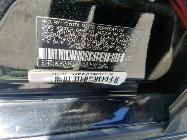 JTHBE262472008758 - 2007 LEXUS IS 350 BLACK photo 10