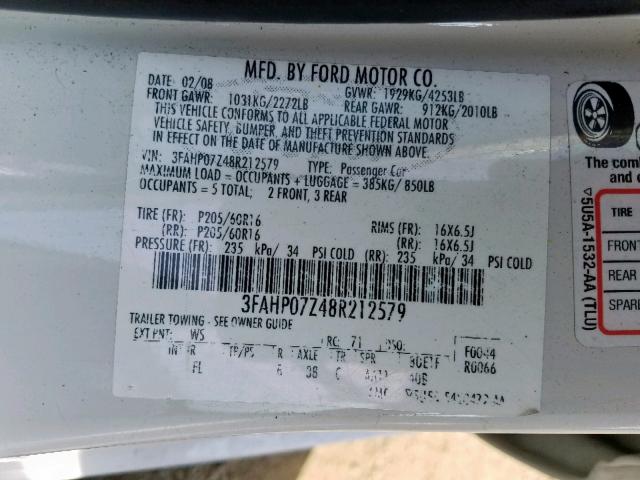 3FAHP07Z48R212579 - 2008 FORD FUSION SE WHITE photo 10