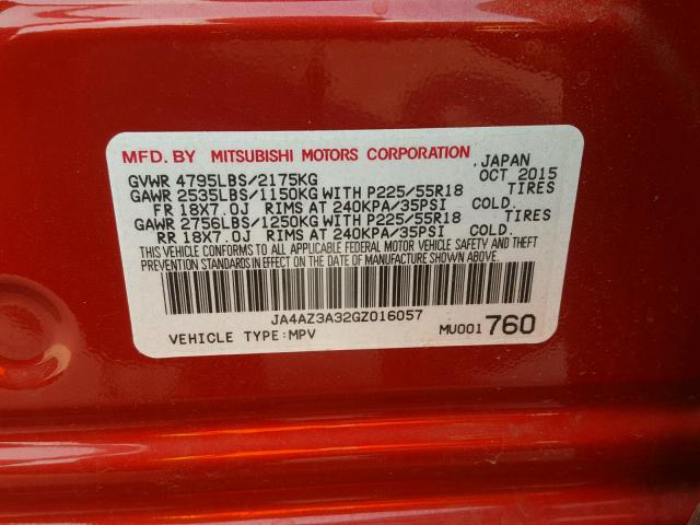 JA4AZ3A32GZ016057 - 2016 MITSUBISHI OUTLANDER RED photo 10