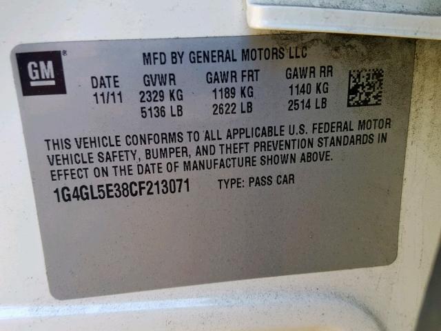 1G4GL5E38CF213071 - 2012 BUICK LACROSSE WHITE photo 10