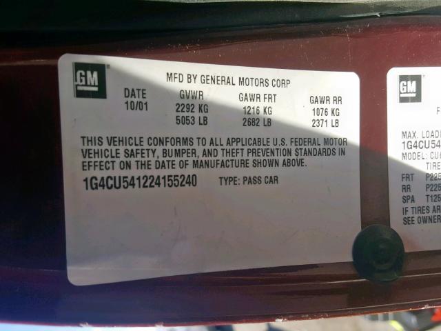 1G4CU541224155240 - 2002 BUICK PARK AVENU MAROON photo 10