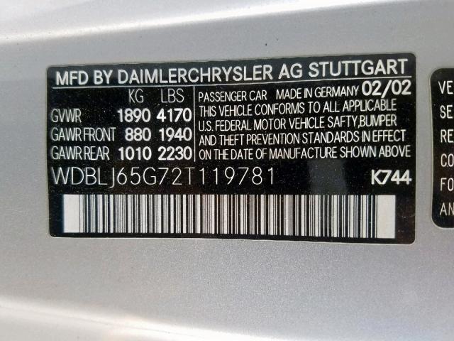 WDBLJ65G72T119781 - 2002 MERCEDES-BENZ CLK 320 SILVER photo 10