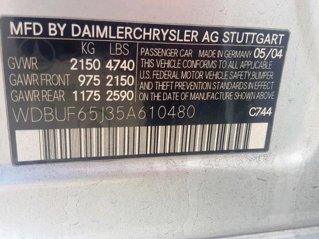 WDBUF65J35A610480 - 2005 MERCEDES-BENZ E 320 GRAY photo 10