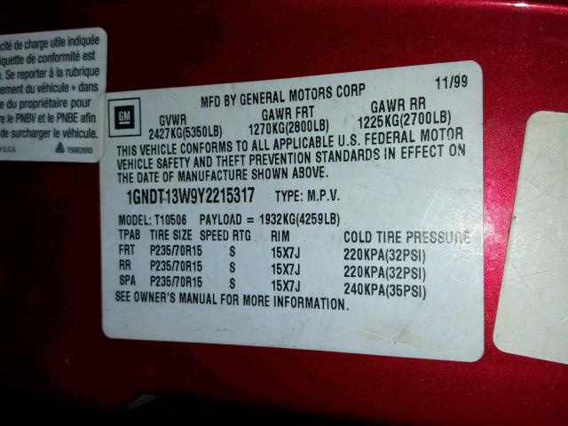 1GNDT13W9Y2215317 - 2000 CHEVROLET BLAZER RED photo 10