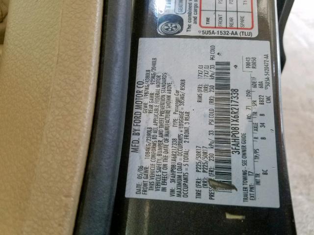 3FAHP081X6R217338 - 2006 FORD FUSION SEL GRAY photo 10