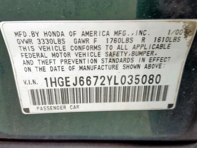 1HGEJ6672YL035080 - 2000 HONDA CIVIC LX GREEN photo 10