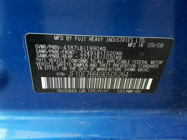 JF1GE76669G505264 - 2009 SUBARU IMPREZA WR BLUE photo 10