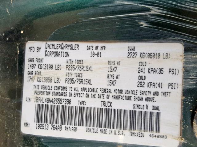 1B7HL48N42S557390 - 2002 DODGE DAKOTA QUA GREEN photo 10