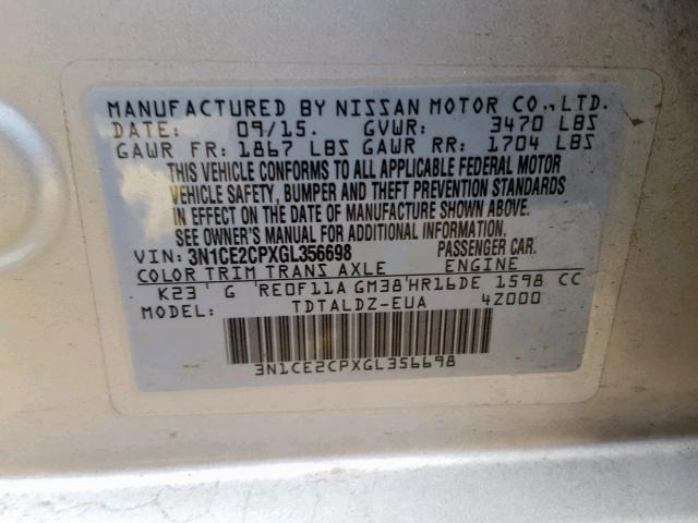 3N1CE2CPXGL356698 - 2016 NISSAN VERSA NOTE SILVER photo 10