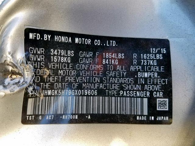 JHMGK5H79GX019606 - 2016 HONDA FIT EX SILVER photo 10