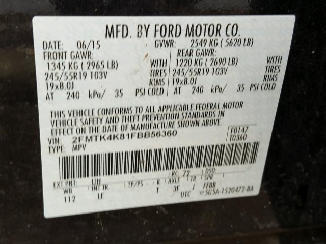 2FMTK4K81FBB56360 - 2015 FORD EDGE TITAN BLACK photo 10