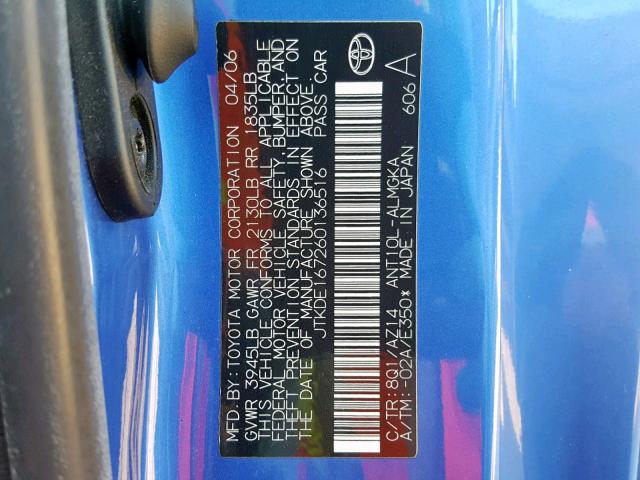 JTKDE167260136516 - 2006 TOYOTA SCION TC ლურჯი ფოტო 10