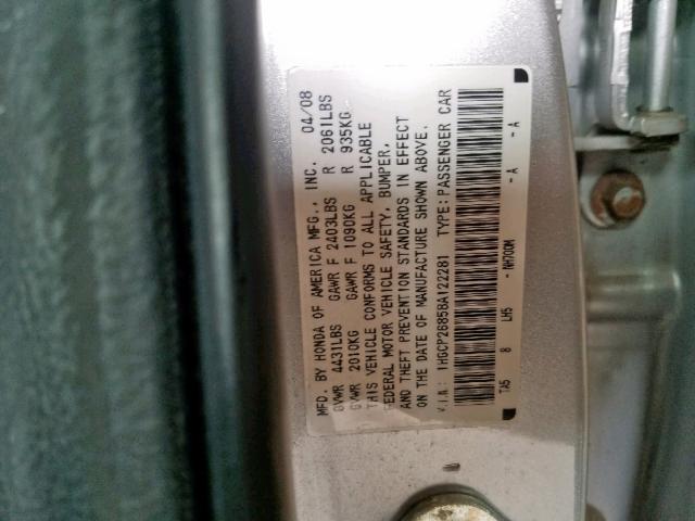 1HGCP26858A122281 - 2008 HONDA ACCORD EXL SILVER photo 10