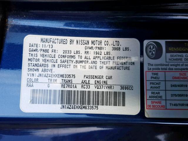 JN1AZ4EHXEM633575 - 2014 NISSAN 370Z BASE BLUE photo 10