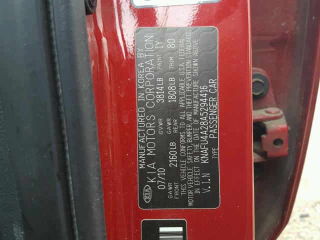 KNAFU4A28A5294416 - 2010 KIA FORTE EX RED photo 10