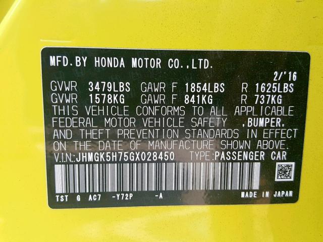 JHMGK5H75GX028450 - 2016 HONDA FIT EX YELLOW photo 10