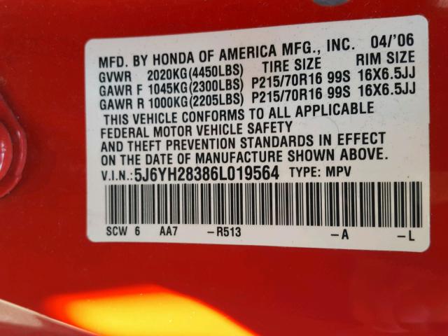 5J6YH28386L019564 - 2006 HONDA ELEMENT LX RED photo 10