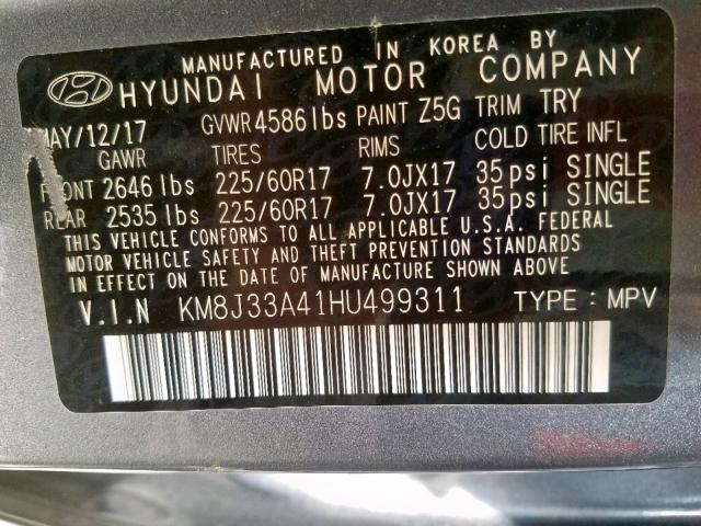 KM8J33A41HU499311 - 2017 HYUNDAI TUCSON LIM BLUE photo 10