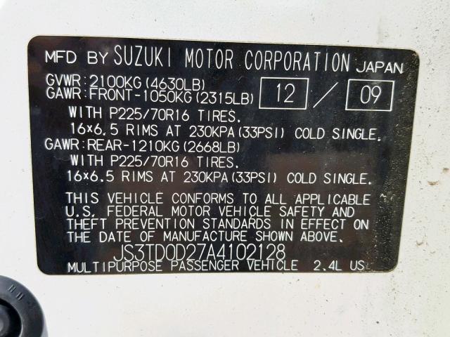 JS3TD0D27A4102128 - 2010 SUZUKI GRAND VITA WHITE photo 10