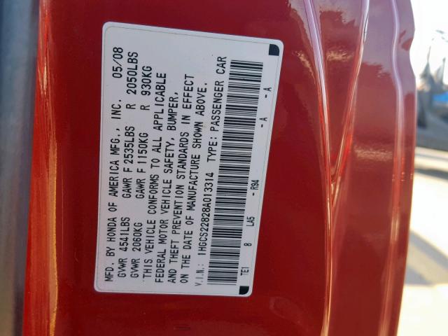 1HGCS22828A013314 - 2008 HONDA ACCORD EXL RED photo 10