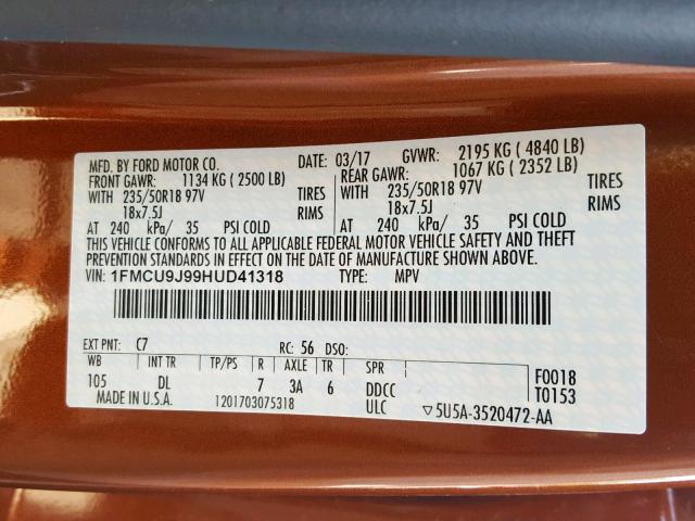 1FMCU9J99HUD41318 - 2017 FORD ESCAPE TIT ORANGE photo 10