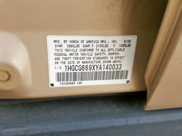 1HGCG669XYA140033 - 2000 HONDA ACCORD SE GOLD photo 10