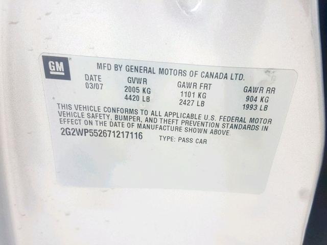 2G2WP552671217116 - 2007 PONTIAC GRAND PRIX SILVER photo 10