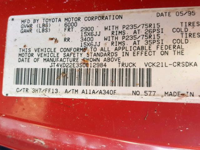 JT4VD22E3S0012984 - 1995 TOYOTA T100 XTRAC RED photo 10
