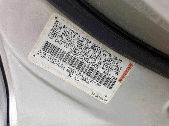 JT8BF28G310304072 - 2001 LEXUS ES 300 SILVER photo 10