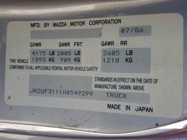 JM2UF3111H0549299 - 1987 MAZDA B2000 CAB SILVER photo 10