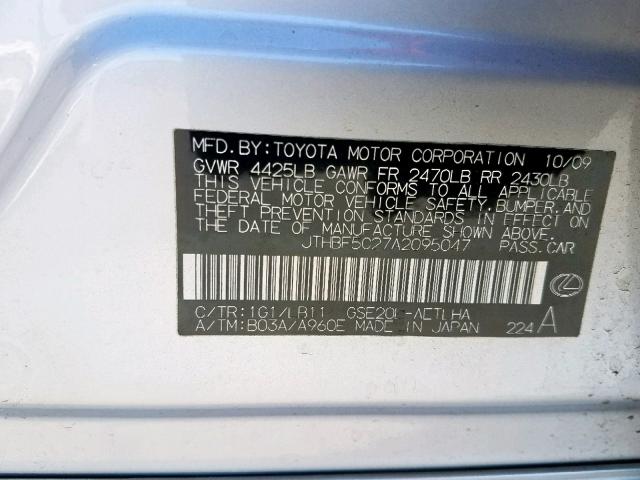 JTHBF5C27A2095047 - 2010 LEXUS IS 250 SILVER photo 10