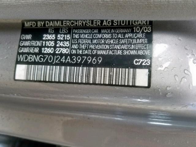 WDBNG70J24A397969 - 2004 MERCEDES-BENZ S 430 SILVER photo 10