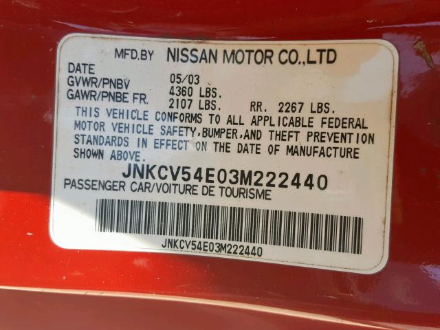 JNKCV54E03M222440 - 2003 INFINITI G35 RED photo 10