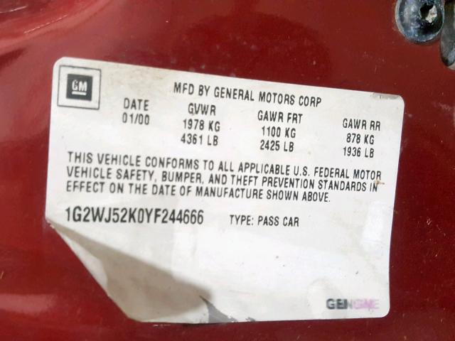 1G2WJ52K0YF244666 - 2000 PONTIAC GRAND PRIX RED photo 10