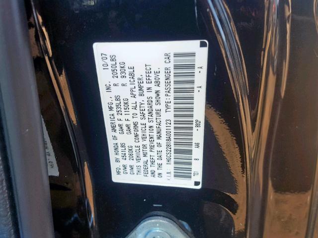 1HGCS22818A001123 - 2008 HONDA ACCORD EXL BLACK photo 10