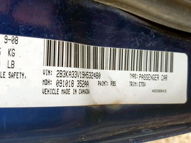 2B3KA33V19H532480 - 2009 DODGE CHARGER SX BLUE photo 10