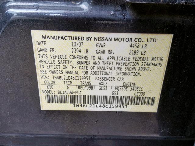 1N4BL21E48C159951 - 2008 NISSAN ALTIMA 3.5 CHARCOAL photo 10