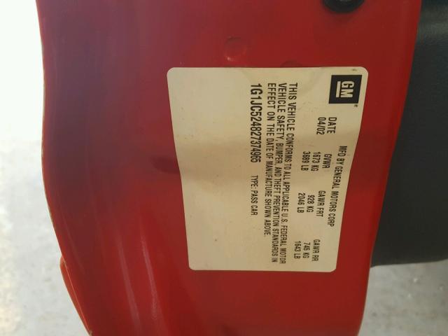 1G1JC524827374965 - 2002 CHEVROLET CAVALIER B RED photo 10