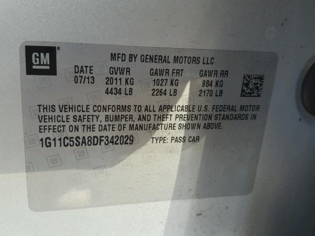 1G11C5SA8DF342029 - 2013 CHEVROLET MALIBU 1LT SILVER photo 10