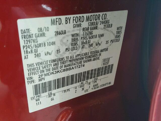 2FMDK3KC8BBA17274 - 2011 FORD EDGE LIMIT RED photo 10