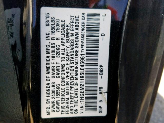 1HGEM21195L045961 - 2005 HONDA CIVIC DX V BLACK photo 10