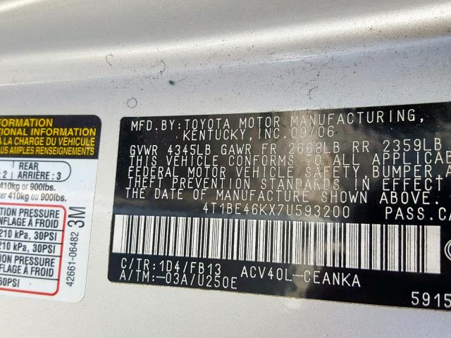 4T1BE46KX7U593200 - 2007 TOYOTA CAMRY NEW SILVER photo 10