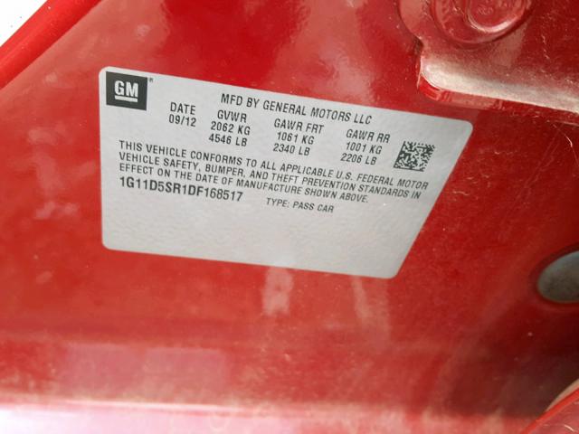 1G11D5SR1DF168517 - 2013 CHEVROLET MALIBU 1LT 红色 照片 10