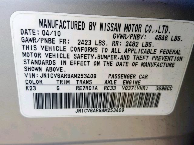 JN1CV6AR9AM253409 - 2010 INFINITI G37 GRAY photo 10