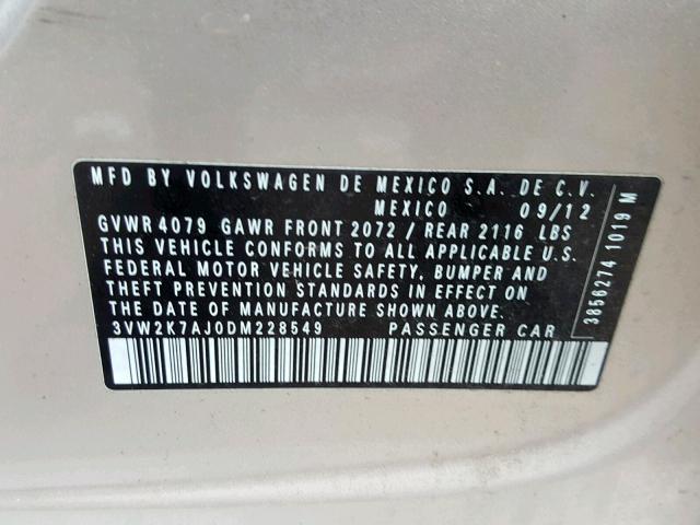 3VW2K7AJ0DM228549 - 2013 VOLKSWAGEN JETTA BASE 金色 照片 10