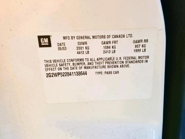 2G2WP522841138644 - 2004 PONTIAC GRAND PRIX WHITE photo 10