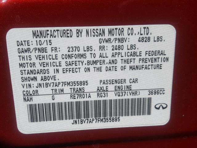 JN1BV7AP7FM355895 - 2015 INFINITI Q50 BASE RED photo 10