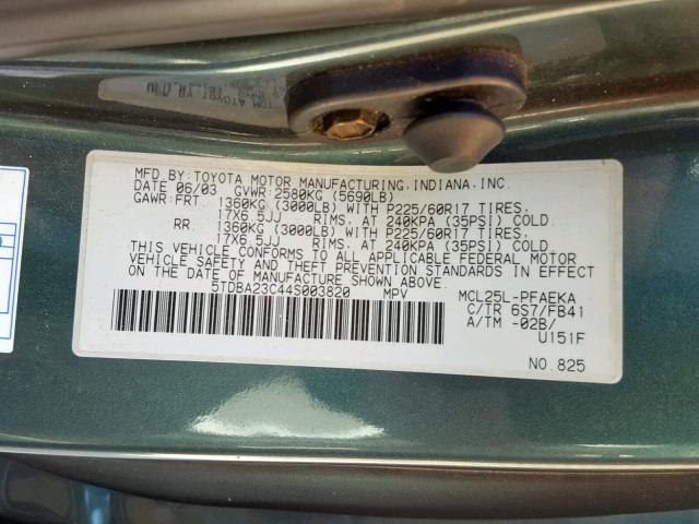 5TDBA23C44S003820 - 2004 TOYOTA SIENNA LE GREEN photo 10