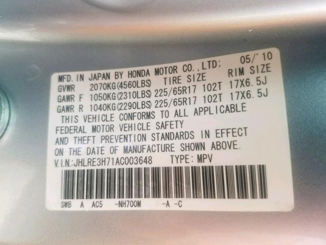 JHLRE3H71AC003648 - 2010 HONDA CR-V EXL SILVER photo 10