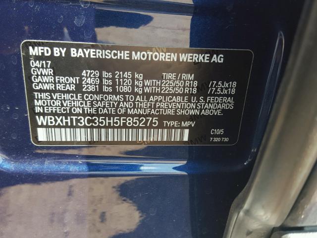 WBXHT3C35H5F85275 - 2017 BMW X1 XDRIVE2 BLUE photo 10